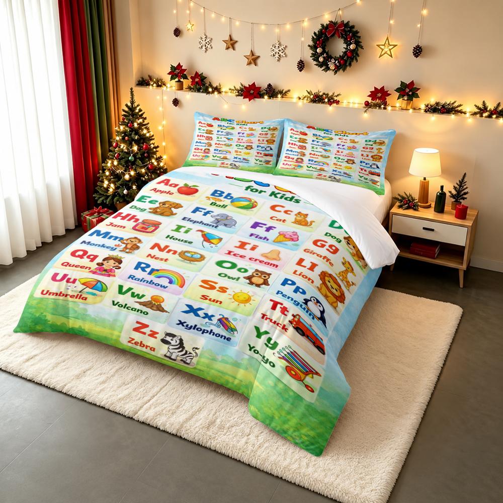 ABC Chart for Kids Alphabet Bedding set (1 duvet cover, 2 pillowcases, duvet not included), Colorful Cartoon Animals Art Print