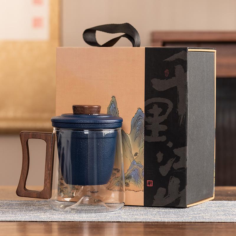 Ручка из черного сандала, офисная кружка, керамическая вставка-фильтр, стеклянная чашка для чая, высококлассная, защита от ожогов, подарочная коробка, портативный подарок