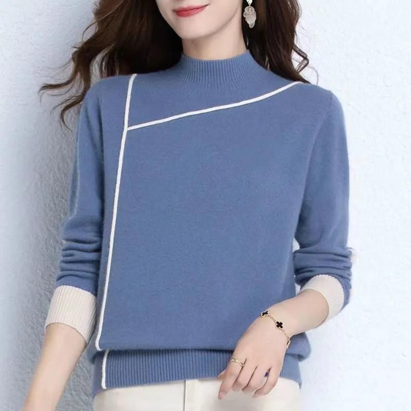 Spring Autumn Women Half High Neck Knitted Sweater Pullovers Loose Jumper Casual Long Sleeve Warm Top