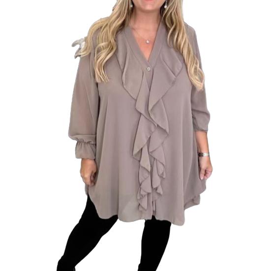 Женская рубашка с V-образным вырезом, длинным рукавом, оборками, повседневная рубашка, однотонные повседневные свободные топы, шифоновая блузка, повседневная одежда