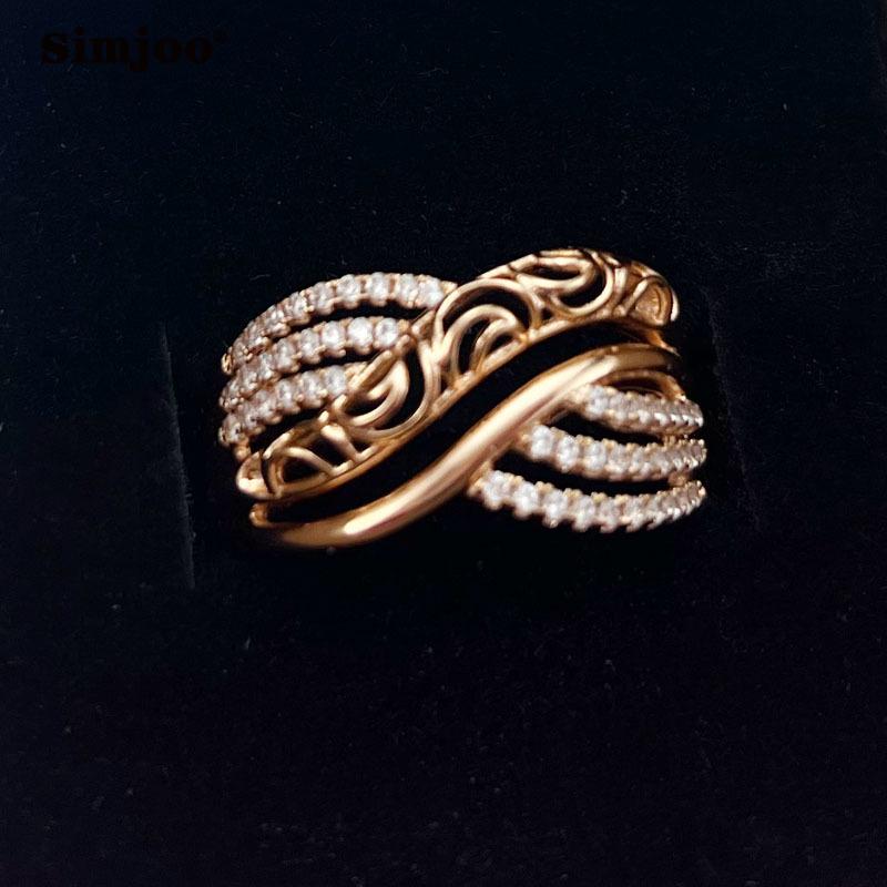 SIMJOO Fashionable Copper Inlaid Zircon Ring Simple Design Hollow Pattern for Ladies Ring