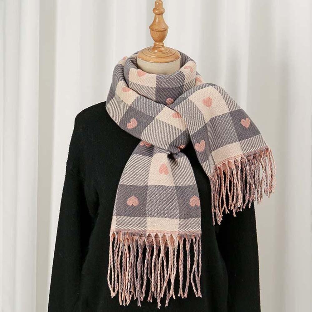 Long Heart Thickened Scarf Acrylic Fibers Tassel Shawl Large Plaid Knitted Scarf Autumn