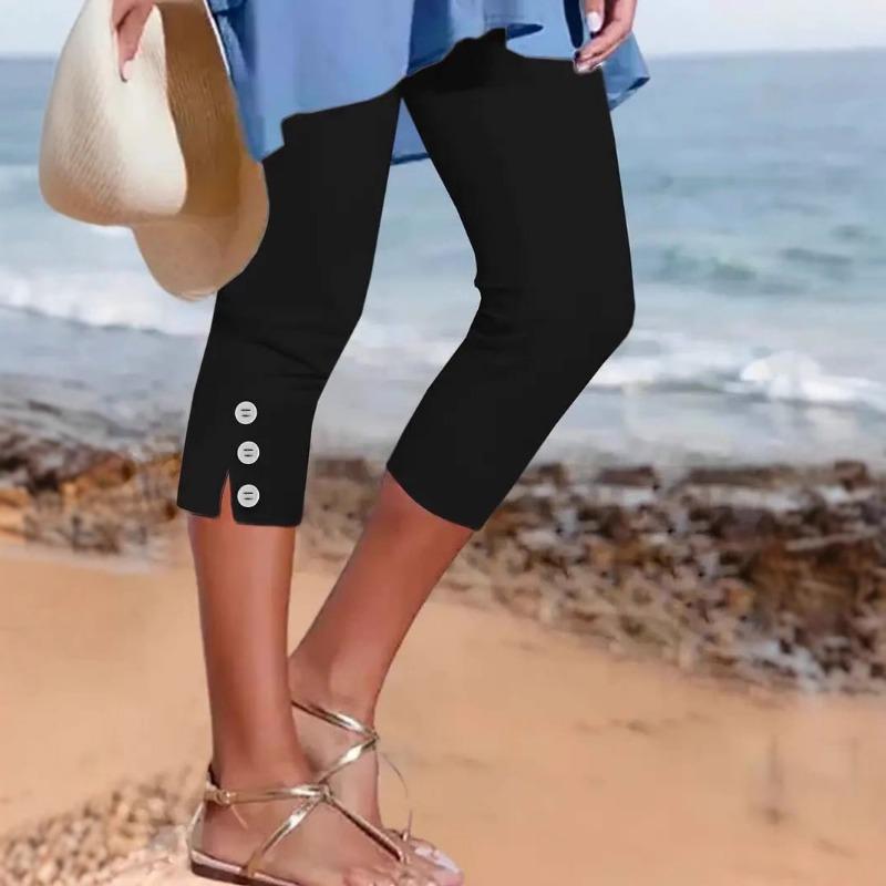 Женские летние укороченные брюки с эластичной талией, обтягивающие модные сексуальные повседневные брюки на пуговицах