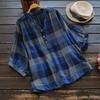 Double-layer Cotton Yarn Summer Women's Loose Plus Size Blouse Retro Short Sleeve Cotton Yarn Tops V-neck Checkered Shirt