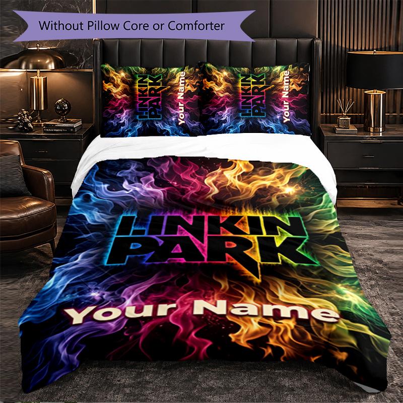 Linkin Park Customized Name Text Bedding Set, 1 Duvet Cover & 2 Pillowcases Personalized Bedroom Gift
