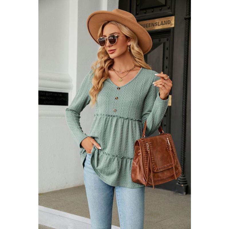 Весенне-осенняя женская блузка с v-образным вырезом, однотонная, на пуговицах, в стиле пэчворк, свободный топ с длинными рукавами