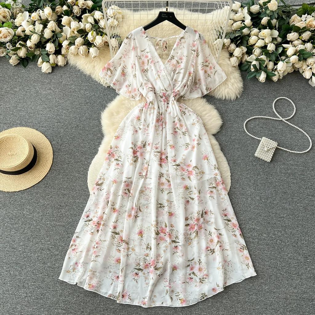 Морское праздничное шифоновое платье с принтом, женское летнее новое обтягивающее талии с v-образным вырезом средней длины, большая распашная юбка, модная