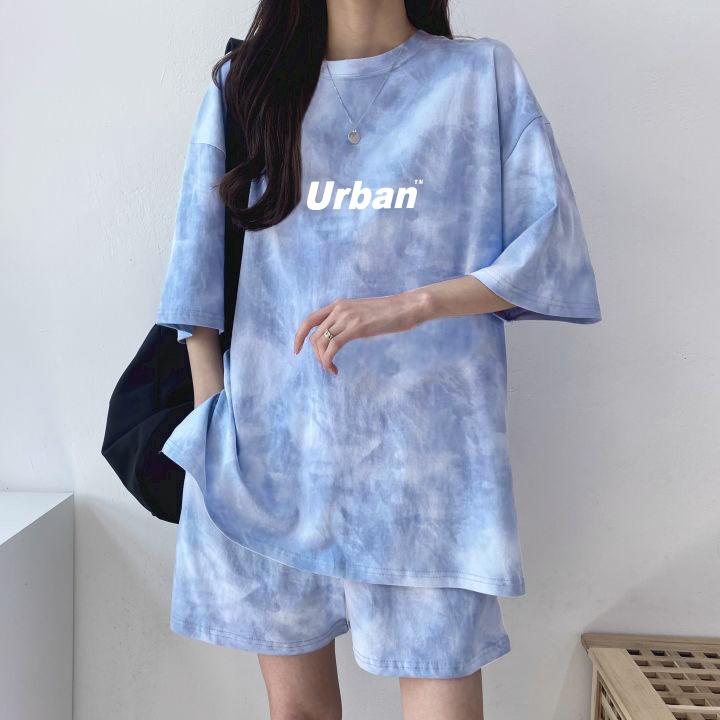 Женский костюм из футболки и шорт Повседневный набор с tie-dye свободной футболкой и широкими шортами средней длины с карманами Женские мягкие летние комплекты шорт