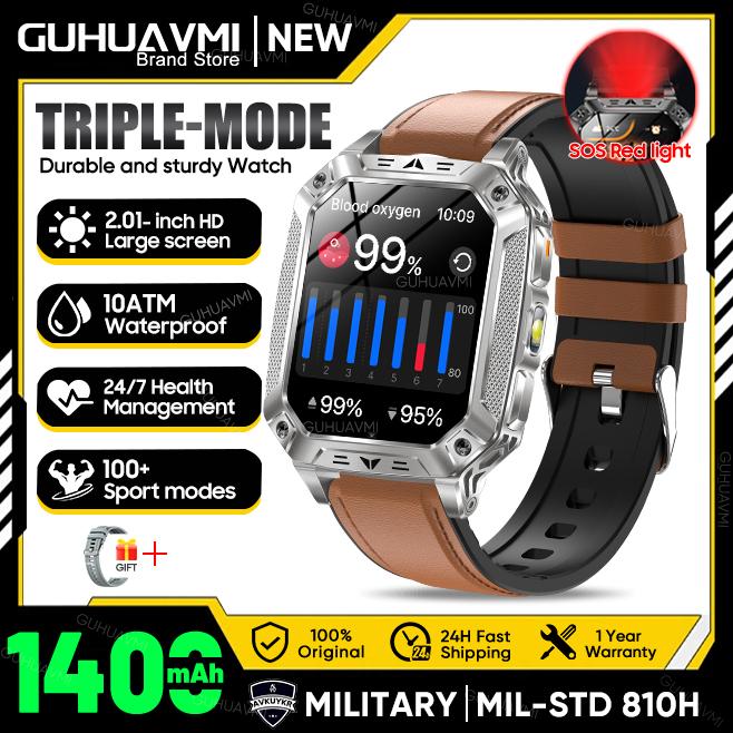 New Military 1400mAh Battery Smart Watch 2.01-inch AMOLED Screen LED Flashlight Waterproof BT Call Sports Smartwatch Men