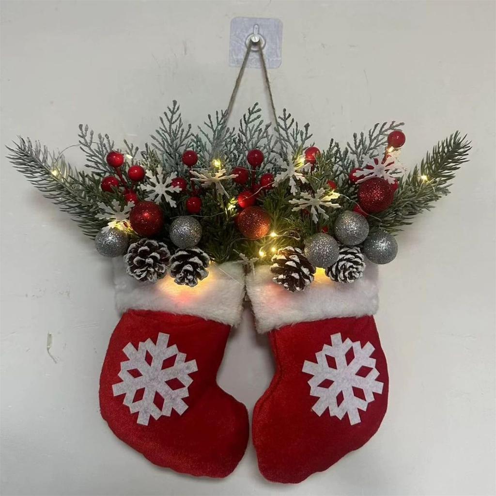Twinkling Christmas Mitten Wreath, Christmas Lighted Werath Front Door Artificial Garland, Christmass Balls Hanging For Par