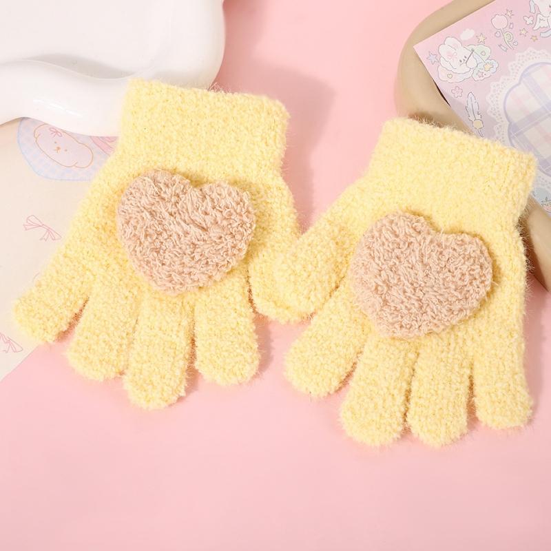 Winter Coral Fleece Gloves for Girl Cute Heart Thicken Plush Warm Full Finger Mittens Kids Windproof Anti-Cold Gloves