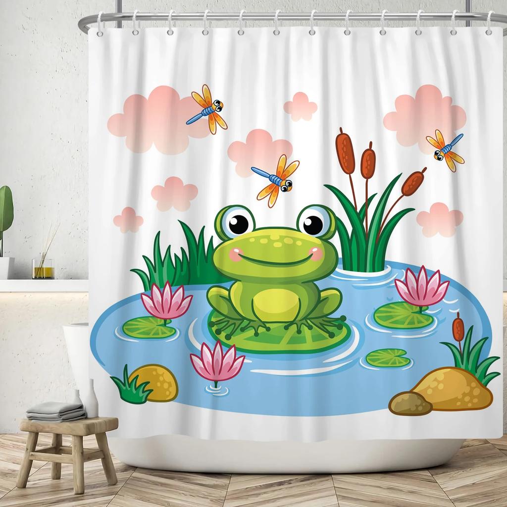 Funny Frog Shower Curtain for Bathroom Mushroom Butterfly Floral Green Plant Cartoon Animal Waterproof Polyester Shower Curtain
