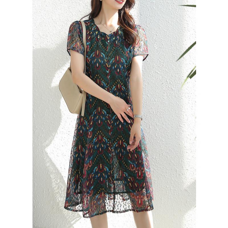 Jianhu Women's Elegant Short-Sleeve A-Line Midi Dress