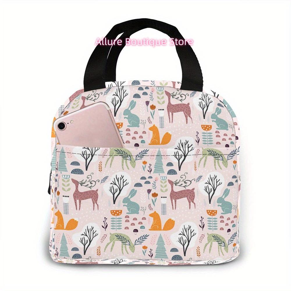Insulated Lunch Tote - Made from Strong Oxford Material, Washable by Hand, Pink Featuring Rabbit, Squirrel, And Deer Patterns, I