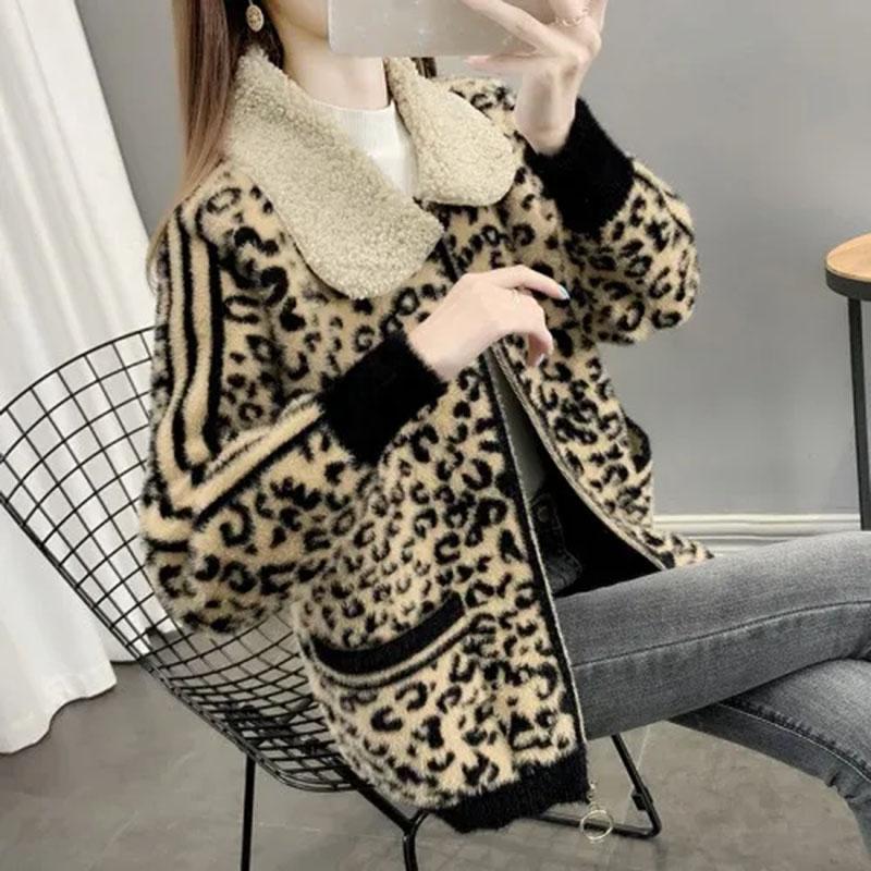 Пальто с леопардовым принтом для женщин, хлопковый плюш, осень-зима, утолщенный флисовый свитшот, свободного покроя, на молнии, с капюшоном, куртка