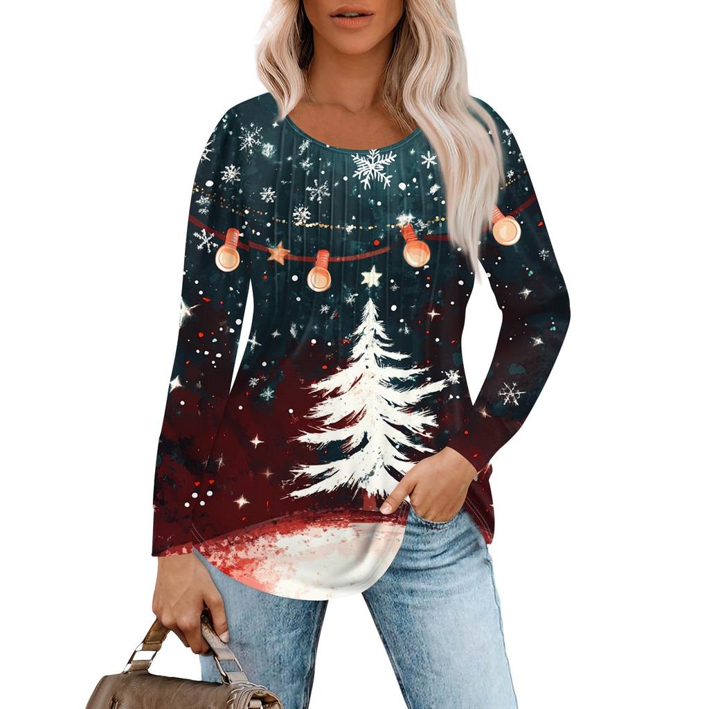Women's Casual Top Christmas Printed Round Neck Long Sleeved Pleated T-shirt
