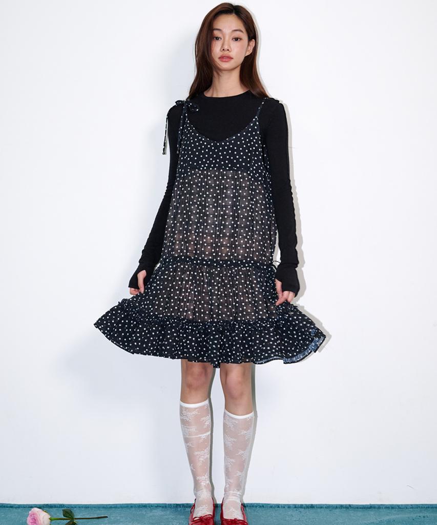 Opening Sunshine Frill Shirred Dot Mini Dress Black
