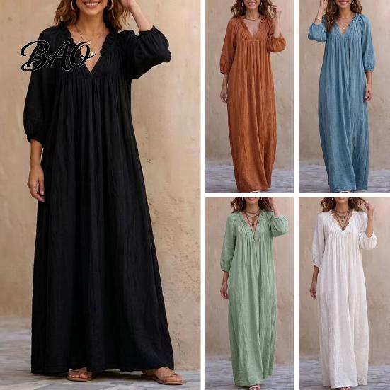 Casual Wear Dress Bohemian Ruffle V-Neck Long Dress, 3/4 Sleeves Maxi for Solid Color Vacation Women, Loose Spring Fall Breathable Women Dresses