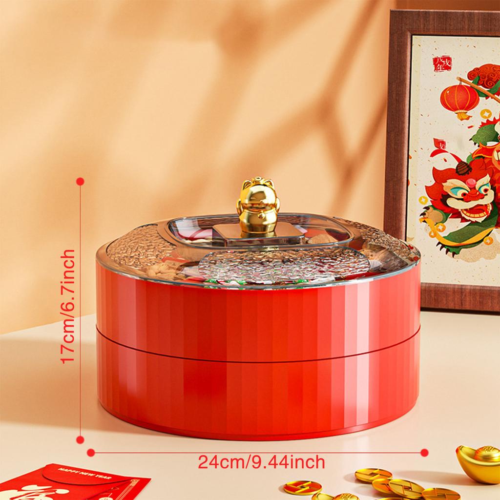 9,45-дюймовая двухслойная коробка для закусок, новогодний лоток для хранения фруктов, конфет, орехов, креативная крышка с рисунком счастливого кота, украшение для стола, фруктовая тарелка 2025