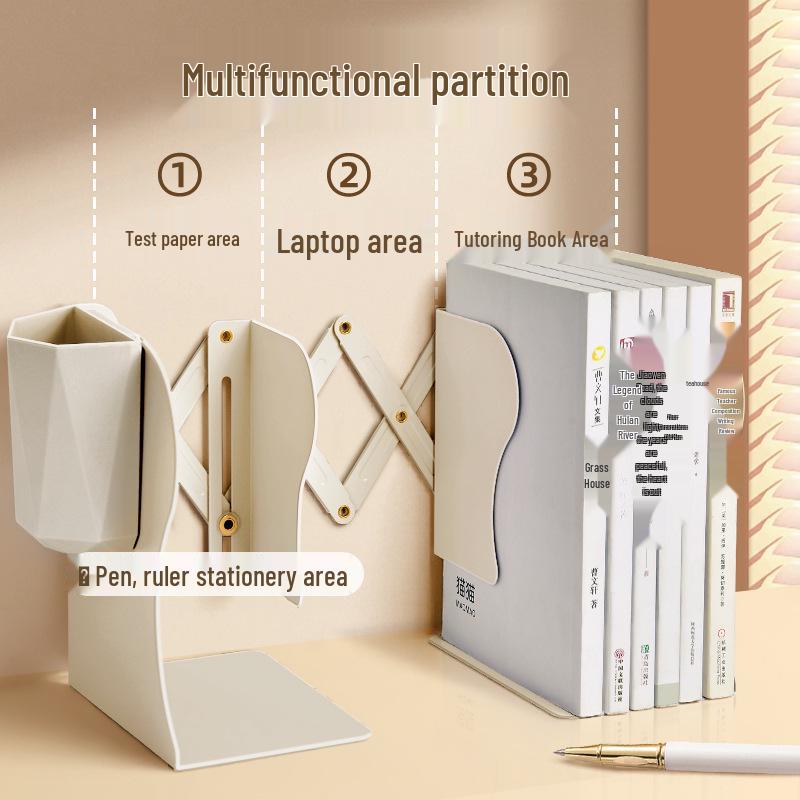 Integrated Desktop Book and Pen Holder: Folding Bookshelf with Student Baffle Clip