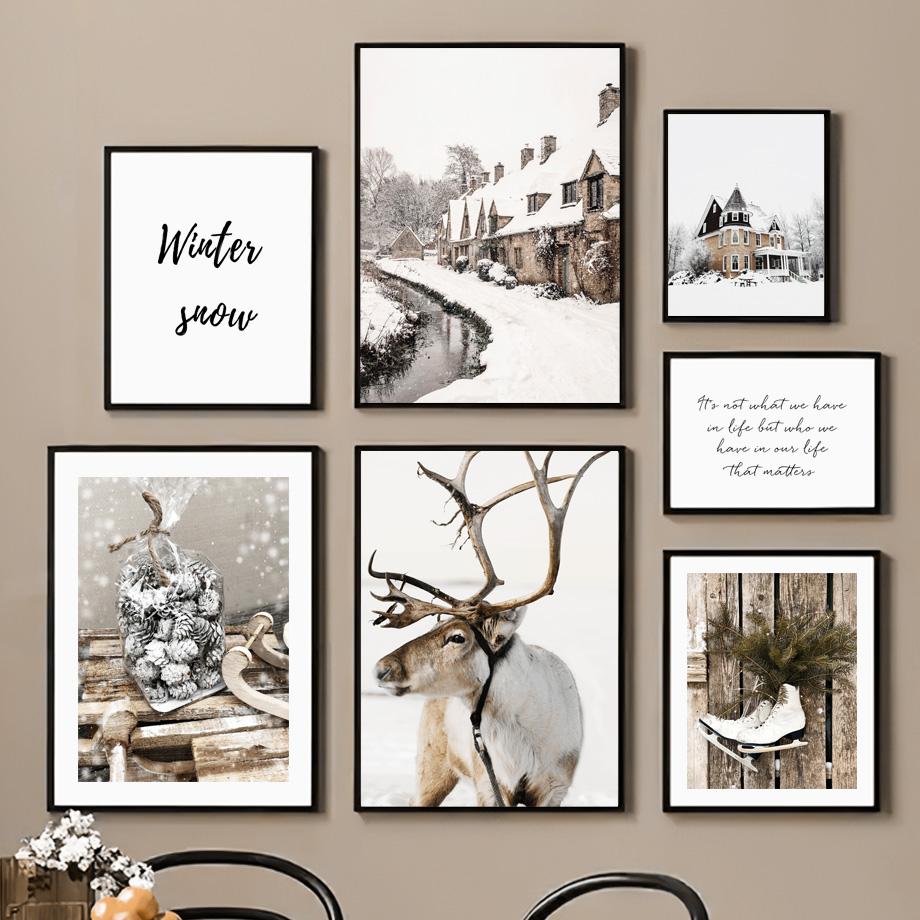 Wall Art Canvas Painting Winter Christmas Tree Deer Heart Pine Livign Room Decoration Posters And Prints Wall Pictures Home Club
