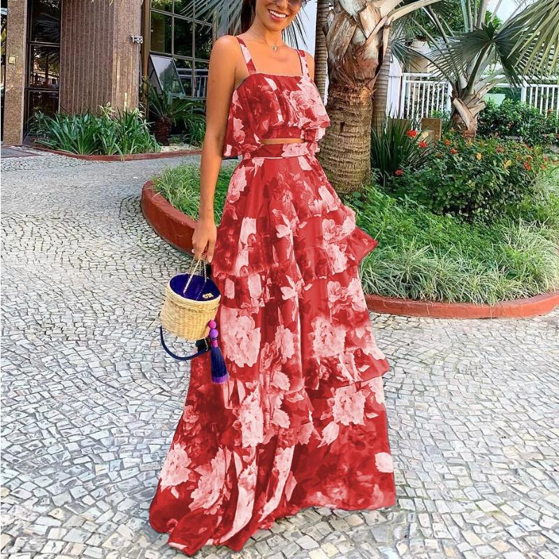 DAFIFY Женская мода, повседневный цветочный узор, принт, лето, весна, подтяжки без рукавов, квадратный воротник, юбка, костюмы