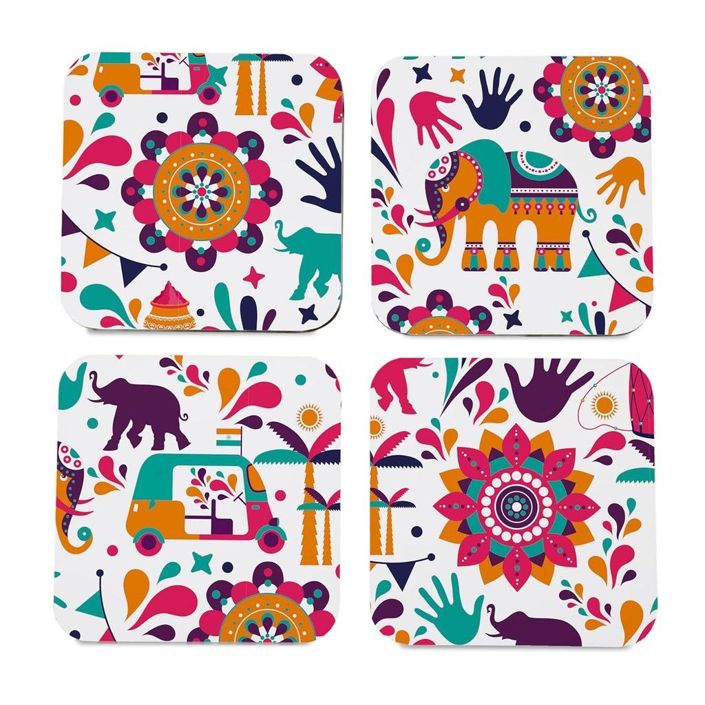 Набор с подарочной коробкой. Набор индийского дизайна из 4 настольных квадратных подставок размером 3,75 x 3,75 дюйма. Деревянные декоративные элементы для кухонного стола для чашек, кружек, банок, стаканов.