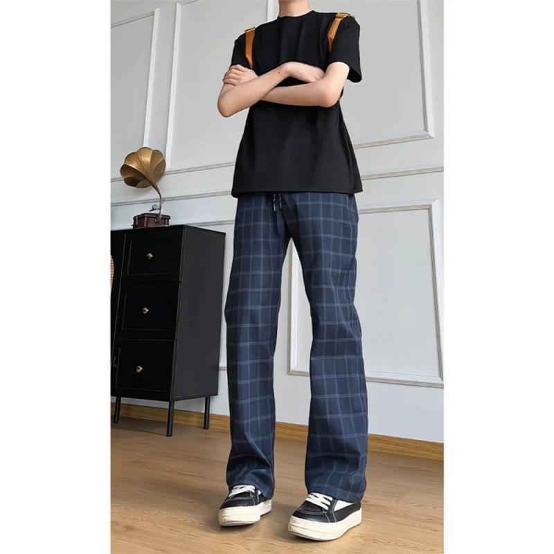 Mens Thin Grid Pants Straight Leg Slim Fit Quick Dry Gym Casual Trousers