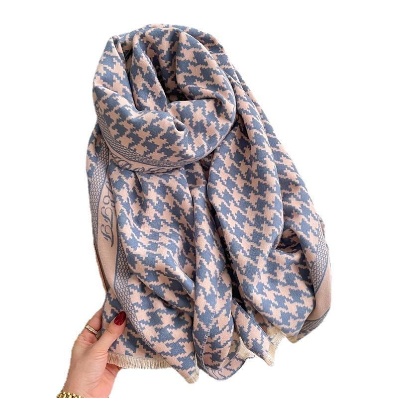 2024 Осень/Зима Новый утолщенный теплый двухсторонний двухцветный шарф из искусственного кашемира с кисточками, высококачественный воротник-шаль