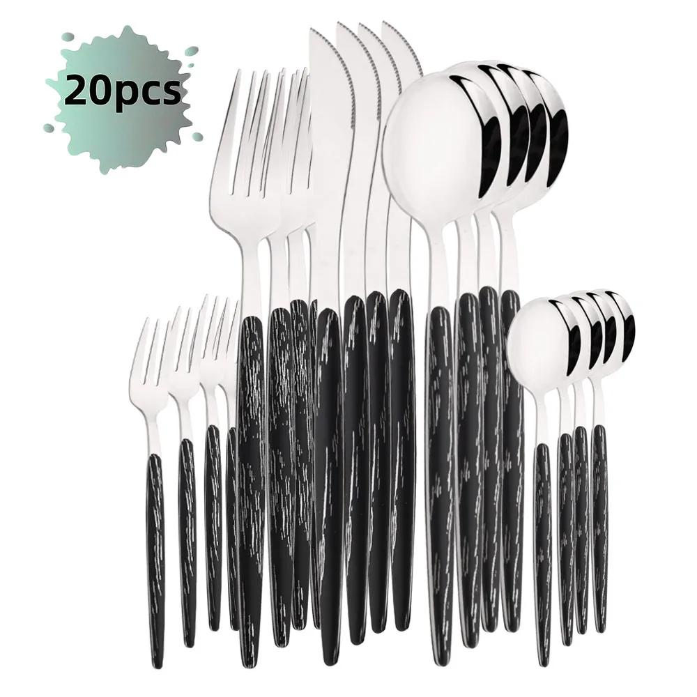 Набор столовых приборов из 20 предметов из нержавеющей стали с имитацией серебра и деревянной ручкой, зажимом, ножом, вилкой, ложкой, столовыми приборами, столовым серебром
