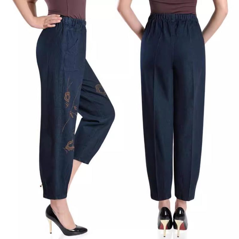 Брюки для людей среднего и пожилого возраста, большие размеры, вышитые джинсы, женские, с высокой талией, эластичные, свободные, джинсы-фонарики для женщин