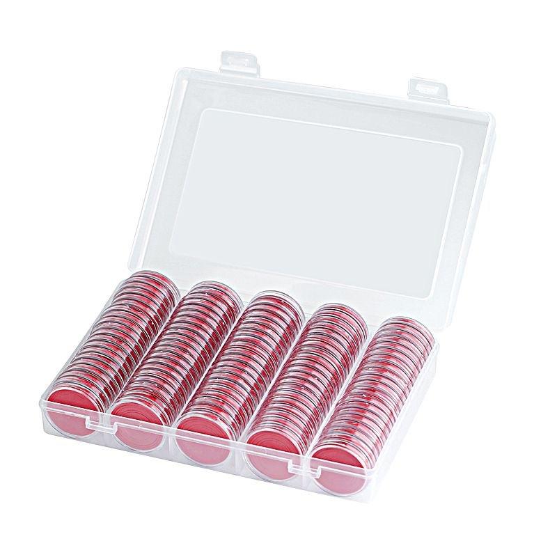 100Pcs Coin Capsule Case and Adjustable (17/20/25/27/30mm) Protect Black Gasket Coin Holder with Plastic Storage Organizer Box