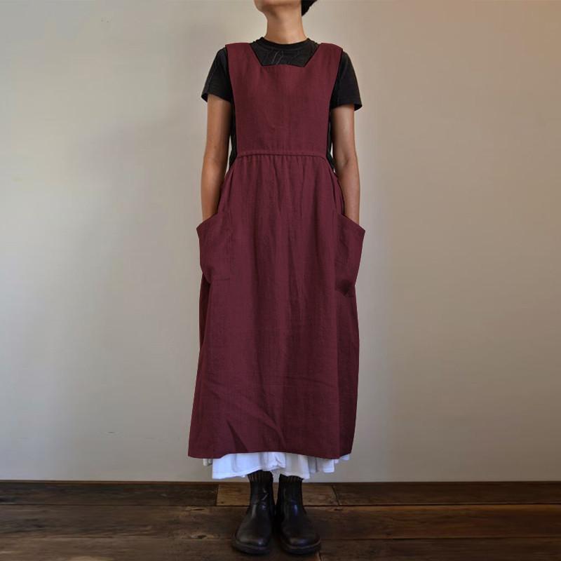 Women's Cotton Hemp Apron High Waist Long Circumference Home Dress Loose Long Dress
