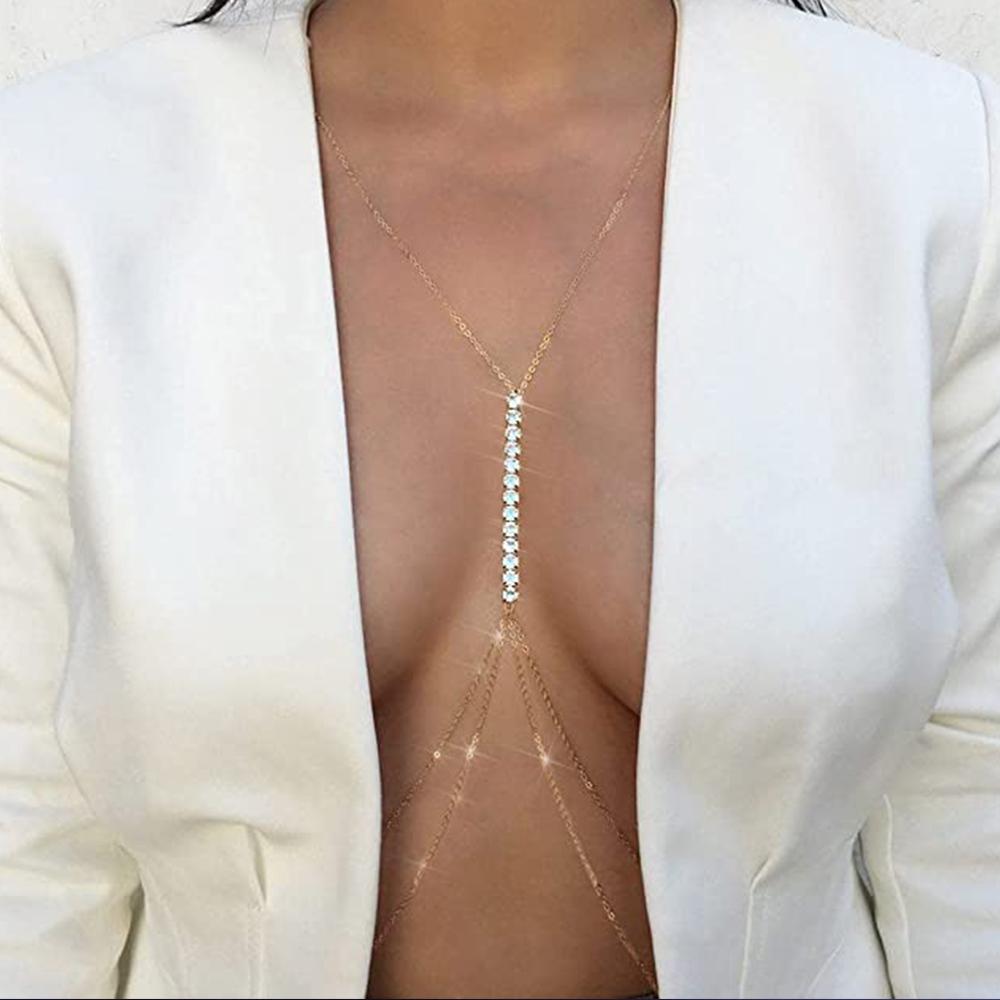 Kpop Simple Chest Bra Chain Waist Belly Necklace Choker Sexy Rhinestone Multilayer Body Chain Stainless Steel Jewelry For Women