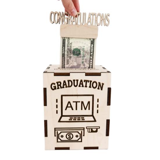 Yousheng Wooden Graduation Money Gift Box ATM Cash Container Piggy Bank Congratulation Card Holder Money Saving Jar Grad Party Desktop Decoration