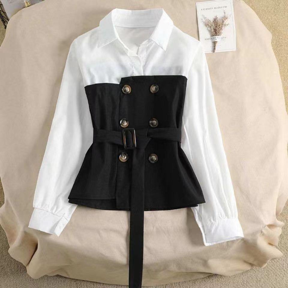 New Korean Style Women's Clothing Korean Style Slimming Fake Two-piece Long-sleeved Shirt Korean Style Loose Waist Top
