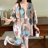 100% Viscose Floral Printed Ladies Kimono Style Pajamas Set Loose Thin V-Neck Three Quarte Sleeves 2Pcs Sleepwear Loose Homewear
