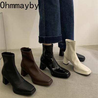 Модные дизайнерские женские ботильоны на толстом каблуке, модные лакированные туфли на осень-зиму, элегантные короткие ботильоны для женщин