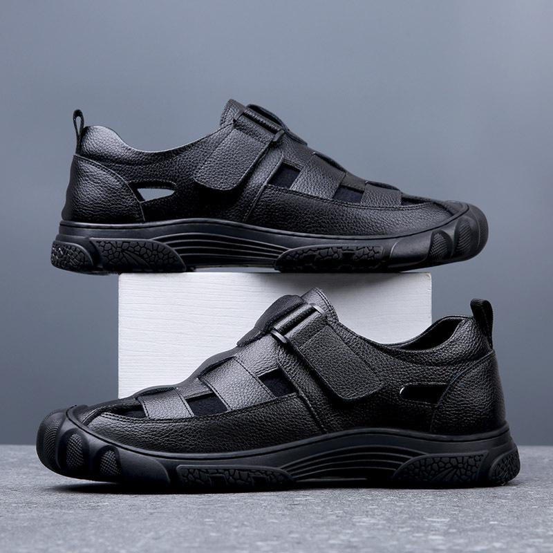 Fashion Mens Genuine Leather Sandals 2024 Summer Flat Soft Cow Leather Male Footwear Thick Sole Brand Black Casual Shoes A4636
