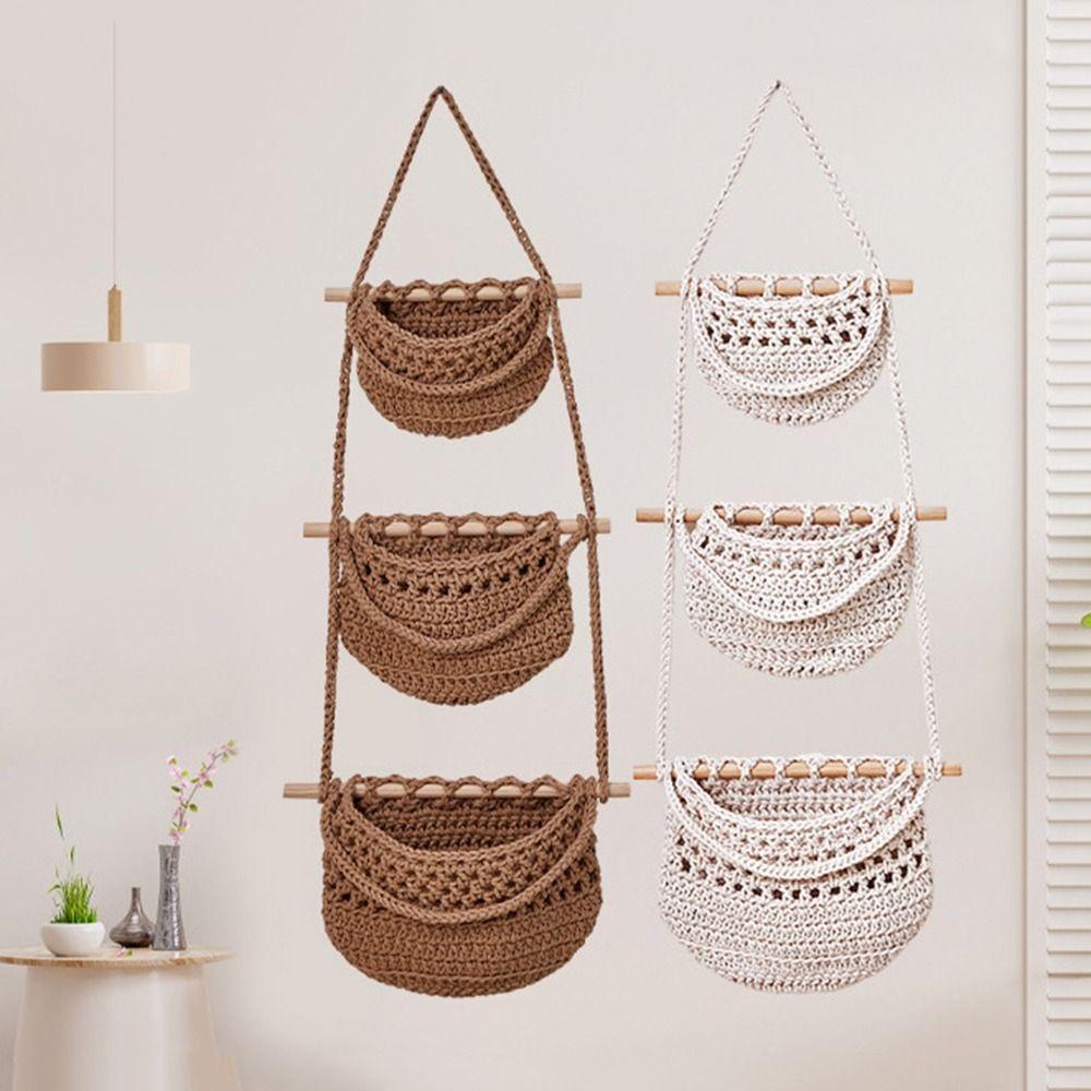 Handmade Hanging Fruit Baskets Cotton Rope Fruit Net Pocket Sundry Storage Hanging Bag Living Room