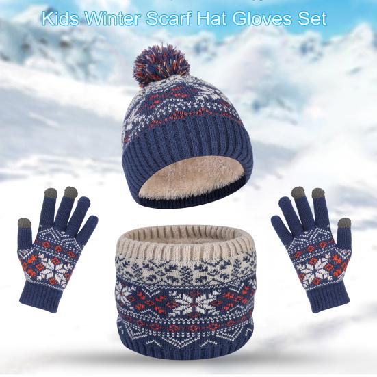 3 Pcs/Set Children Hat Scarf Glove Set Thick Knitted Warm Jacquard Cap Anti-slip Gloves