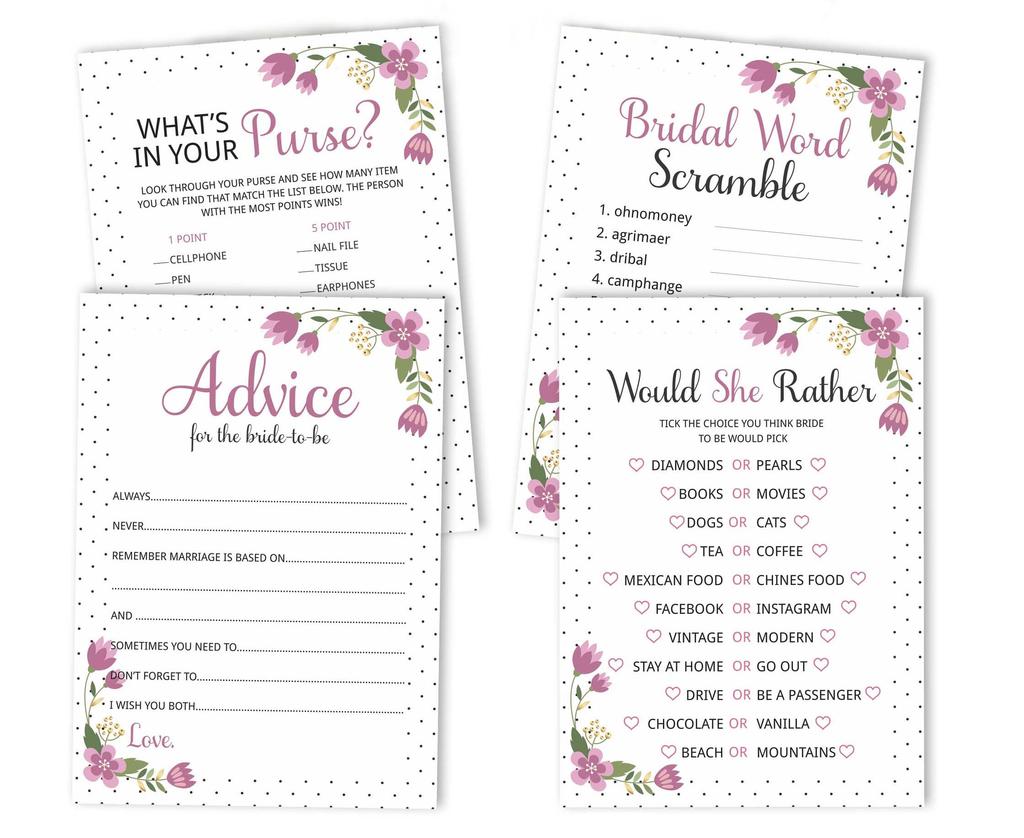 Inkdotpot Floral Bridal Shower Games Set Of 4(50 Sheets Each) W   Miss To Mrs Gold Banner Fun Bachelorette Party Games Set