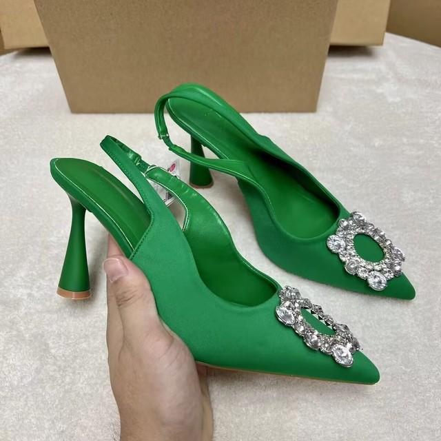 Новые летние женские туфли-лодочки на высоком каблуке с открытой пяткой и кристаллами, черные босоножки на каблуке с острым носком и стразами, вечерние свадебные туфли на каблуке