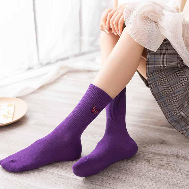 Осенние женские носки, однотонные носки с принтом бабочки, модные мягкие хлопковые дышащие женские носки Sokken