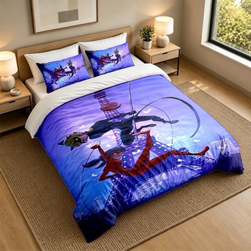 Soft Bedding Set Miraculous Ladybug Pattern, 1 Duvet Cover plus 2 Pillowcases Stylish Bedroom Home Textile