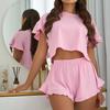 2025 Summer Solid Thin Pajamas Set for Women Homewear Sexy Lotus Leaf Edge Loose Short Sleeve Crop Tops and Shorts 2 Pieces Short Pijamas Sleepwear