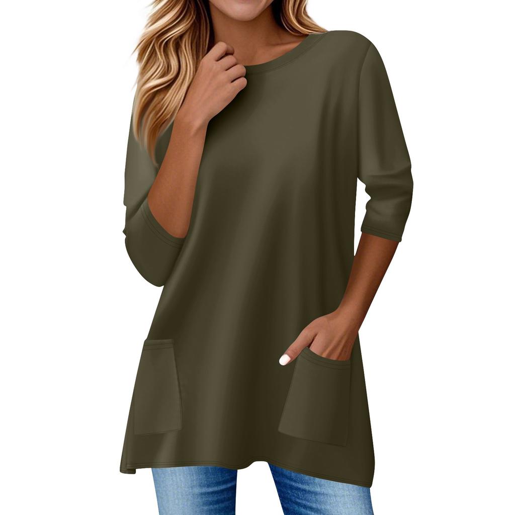 3/4 Sleeve Pocket Tops For Women T-Shirt Casual Print Mid-length Tops T Shirt Round Neck Pullover Blouse