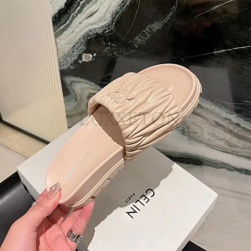 Летние новые женские плоские тапочки с плиссированным верхом, трехмерные, прочные, открытые тапочки, простые, с круглым носком, женские сандалии