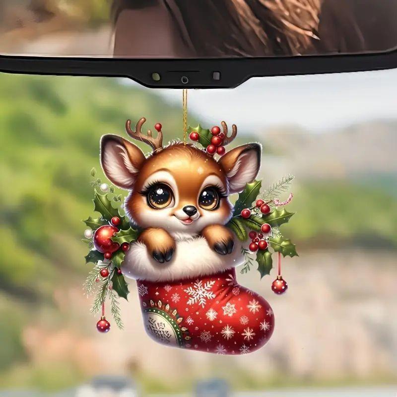 Christmas Deer Car Pendant With Acrylic Material And Cartoon Style For Festive Vehicle Decor