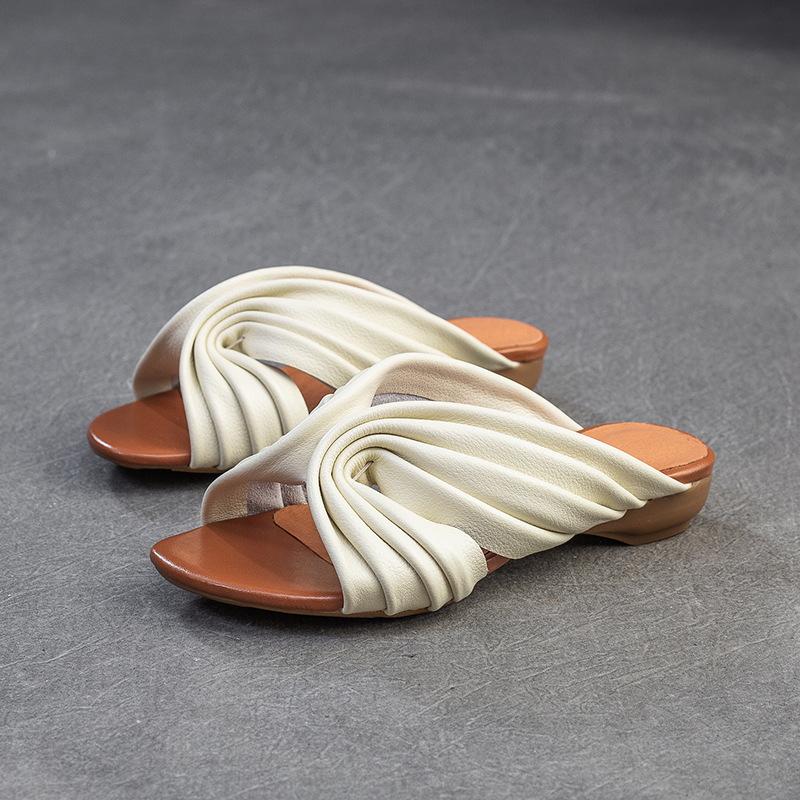 Johnature Peep Toe Bohemian Style Slippers Retro Lazy Style Genuine Leather Low Heel Women's Shoes